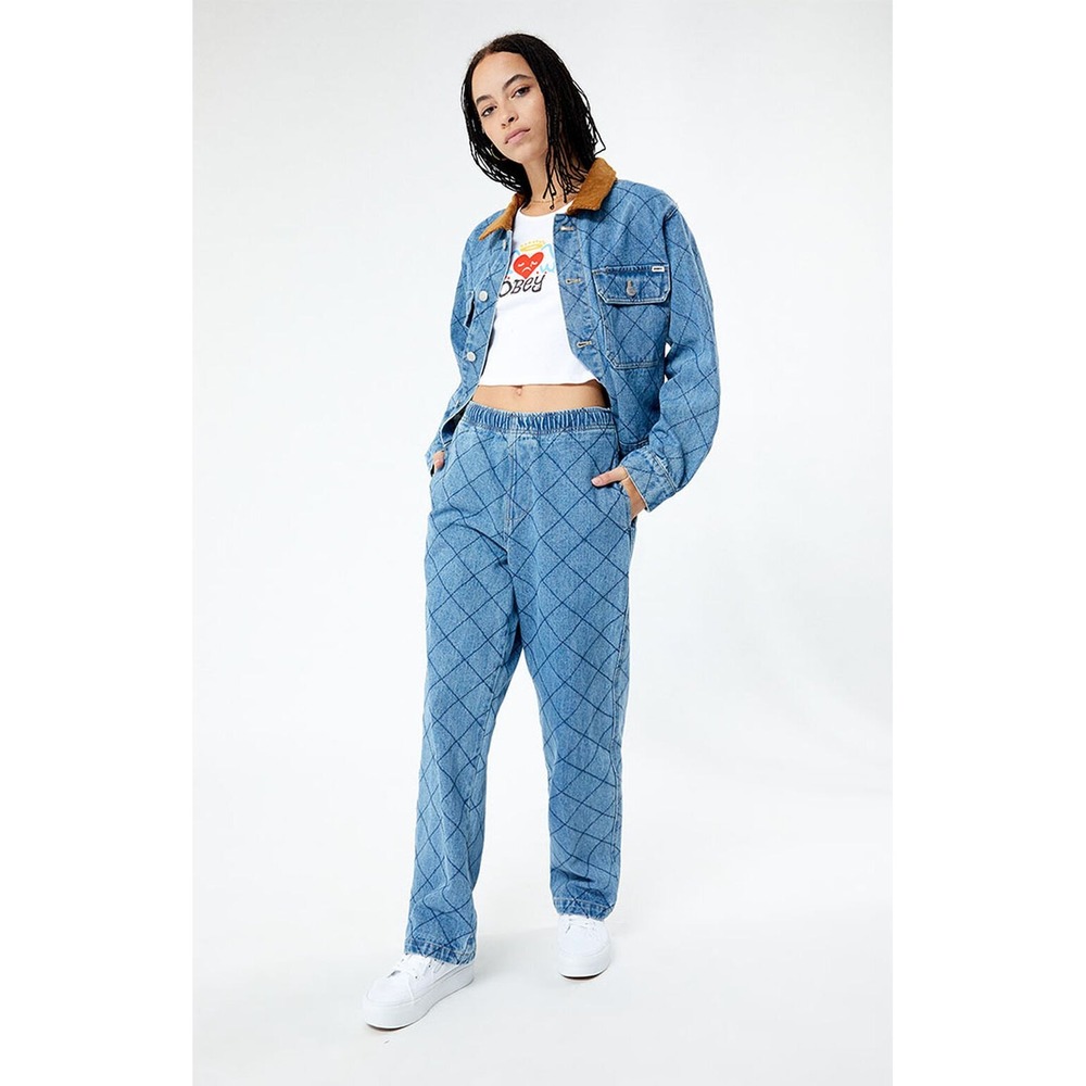 Obey Denim Easy Diamond Pants Blue Medium Wash Wide Leg Barrel Quilted XS